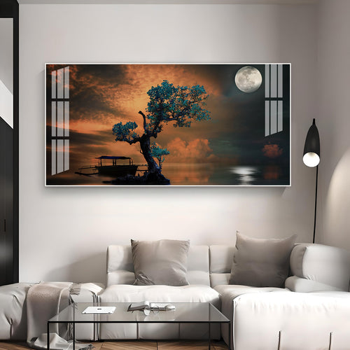 Peaceful Nature Landscape Acrylic Wall Art  With Boat And Moonlight
