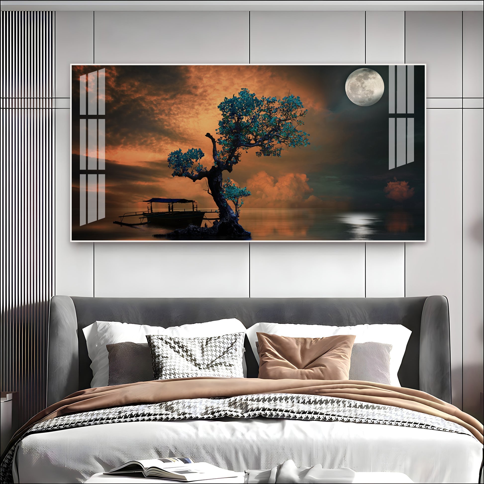 Peaceful Nature Landscape Acrylic Wall Art   With Boat And Moonlight