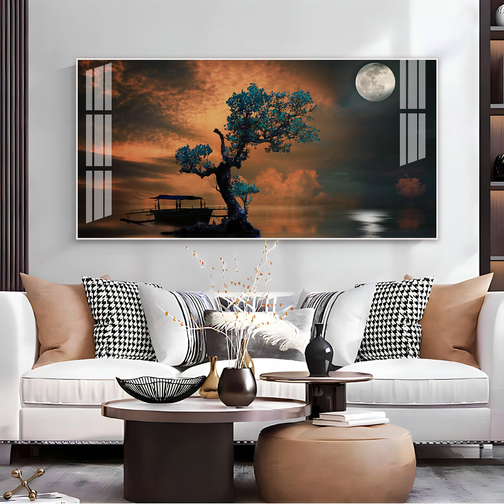 Peaceful Nature Landscape Acrylic Wall Art Canvas With Boat And Moonlight