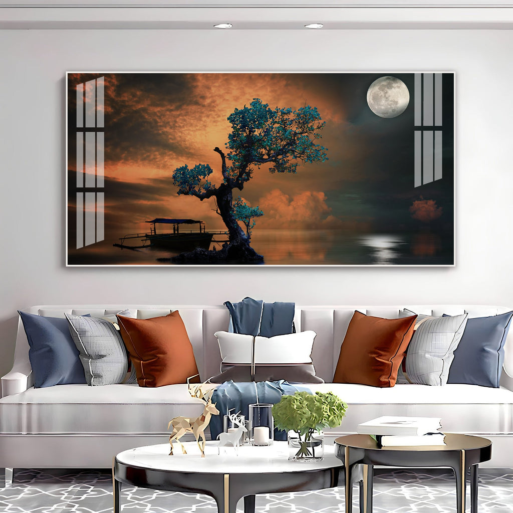 Peaceful Nature Landscape Acrylic Wall Art Canvas With Boat And Moonlight