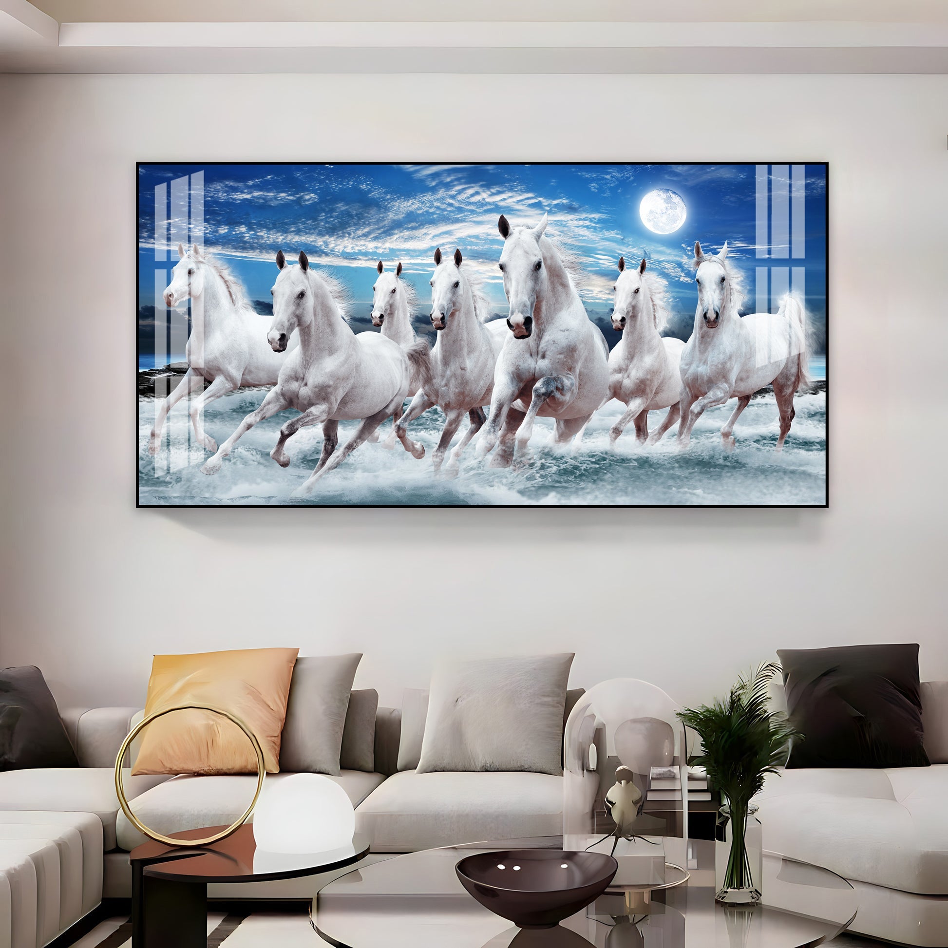 Premium Running Horses Ocean Scene Acrylic Wall Art With Moonlight For Stylish Home Interior Decor
