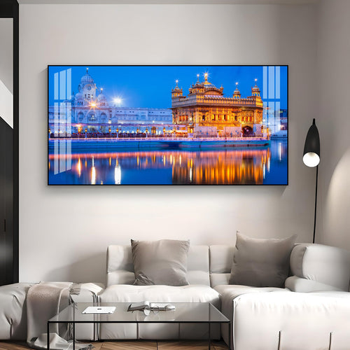 Calm Golden Temple Scene Acrylic Wall Art With Reflection And Evening Sky