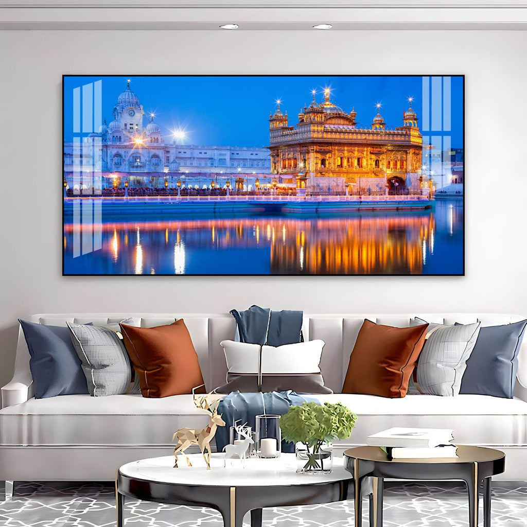 Calm Golden Temple Scene Acrylic Wall Art   With Reflection And Evening Sky