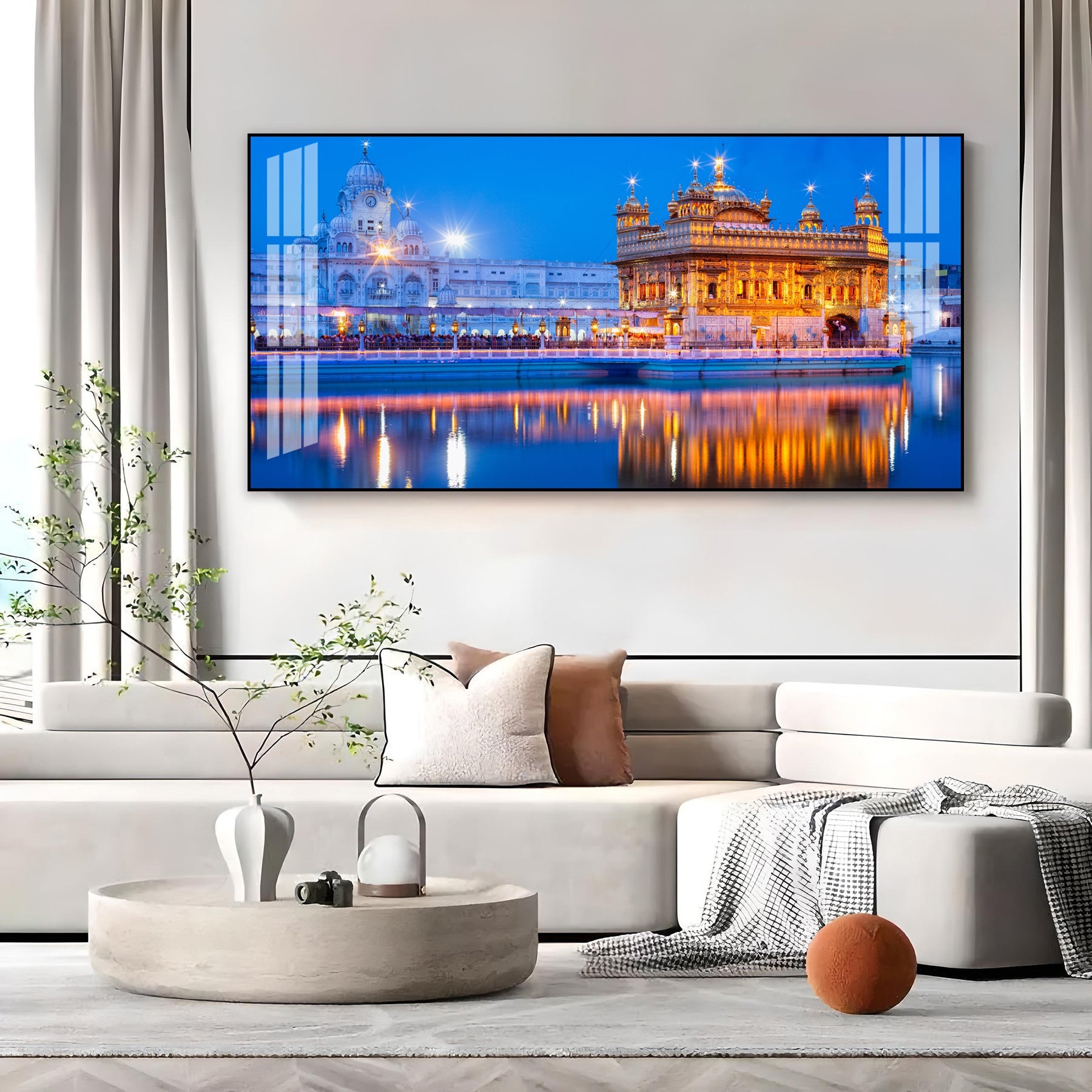 Calm Golden Temple Scene Acrylic Wall Art   With Reflection And Evening Sky