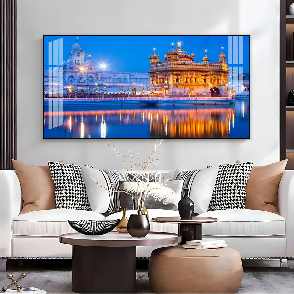 Calm Golden Temple Scene Acrylic Wall Art   With Reflection And Evening Sky