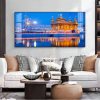 Calm Golden Temple Scene Acrylic Wall Art   With Reflection And Evening Sky