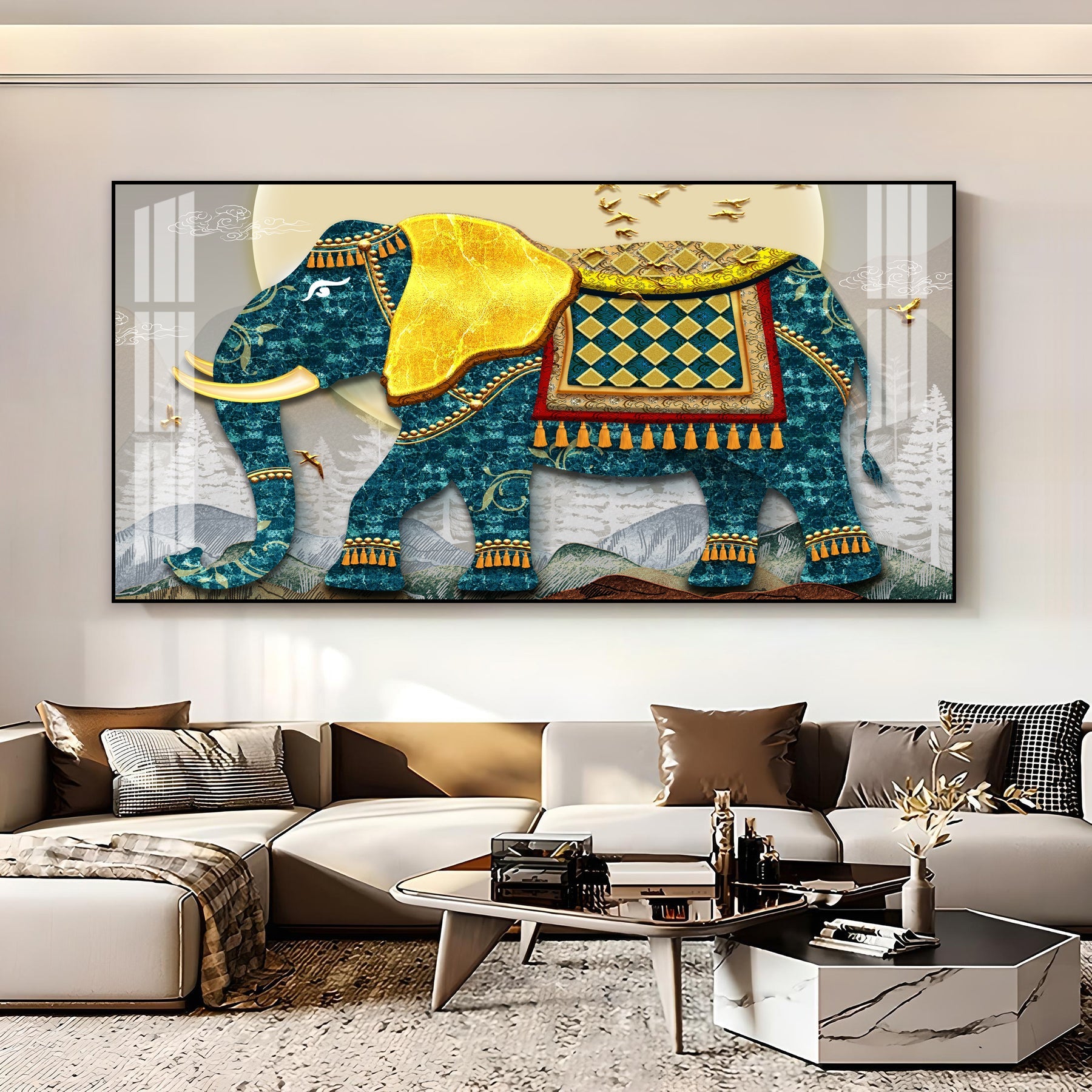 Serene Elephant Illustration Acrylic Wall Art Canvas With Artistic Pattern