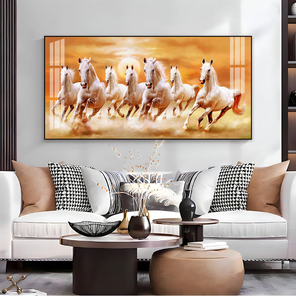 Peaceful White Horses Running Acrylic Wall Art   With Golden Sunset Background