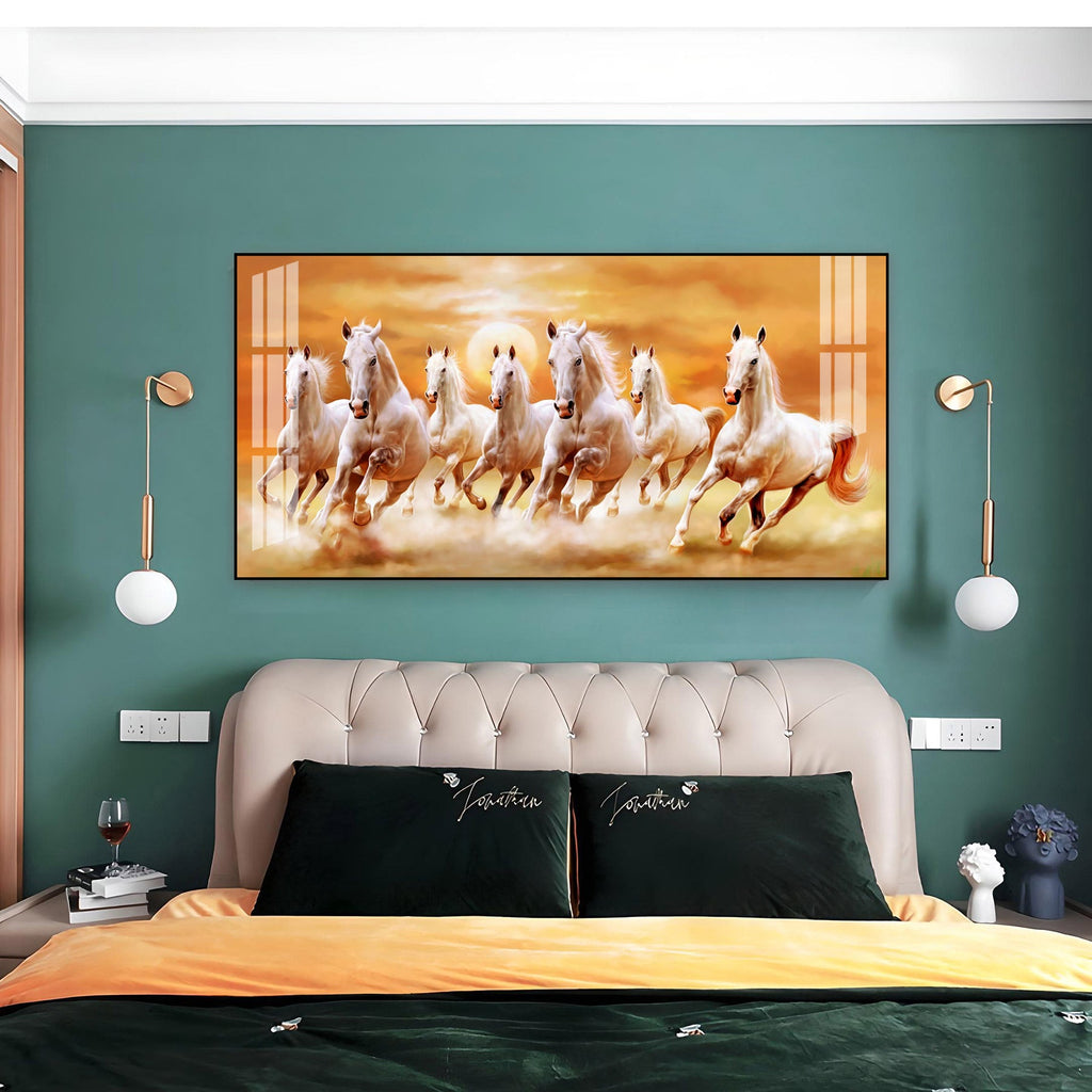 Peaceful White Horses Running Acrylic Wall Art   With Golden Sunset Background