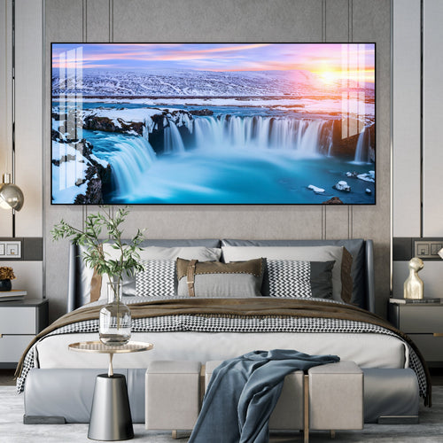Calm Nature Waterfall Acrylic Wall Art  With Snowy Landscape And Soft Light