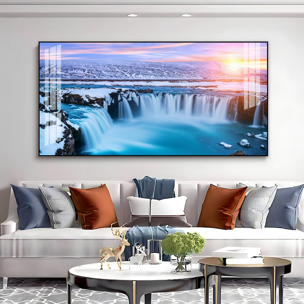 Calm Nature Waterfall Acrylic Wall Art   With Snowy Landscape And Soft Light