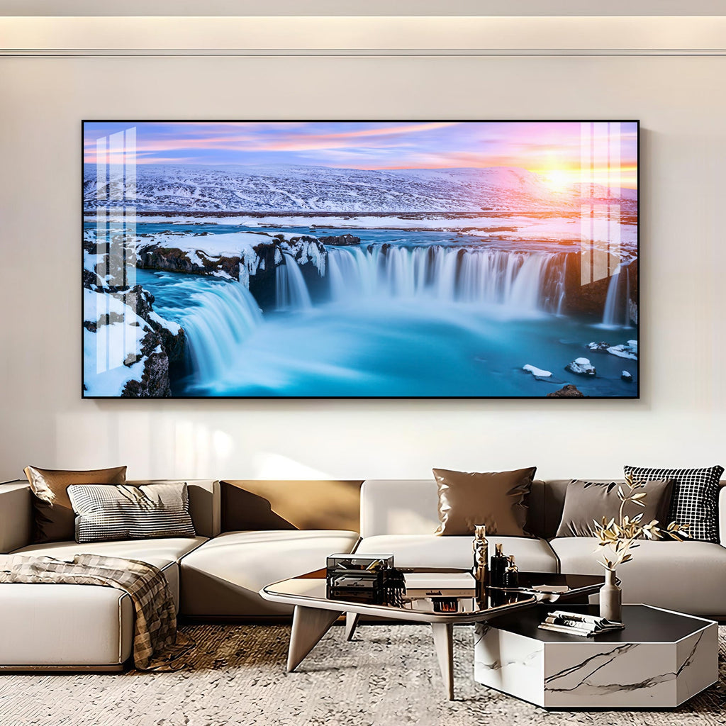 Calm Nature Waterfall Acrylic Wall Art   With Snowy Landscape And Soft Light