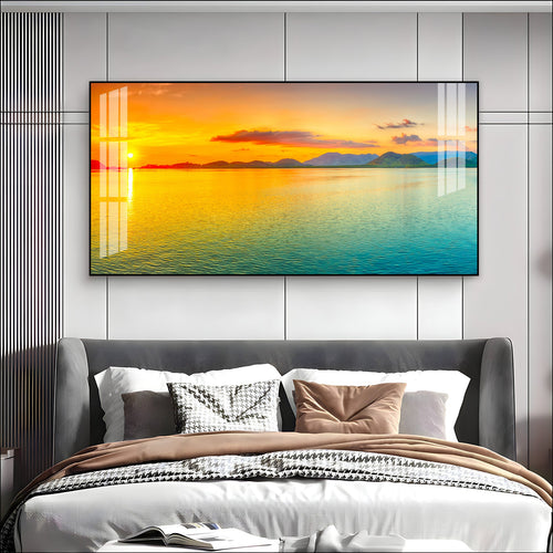 Peaceful Sunset Lake Landscape Acrylic Wall Art  With Golden Sky And Water