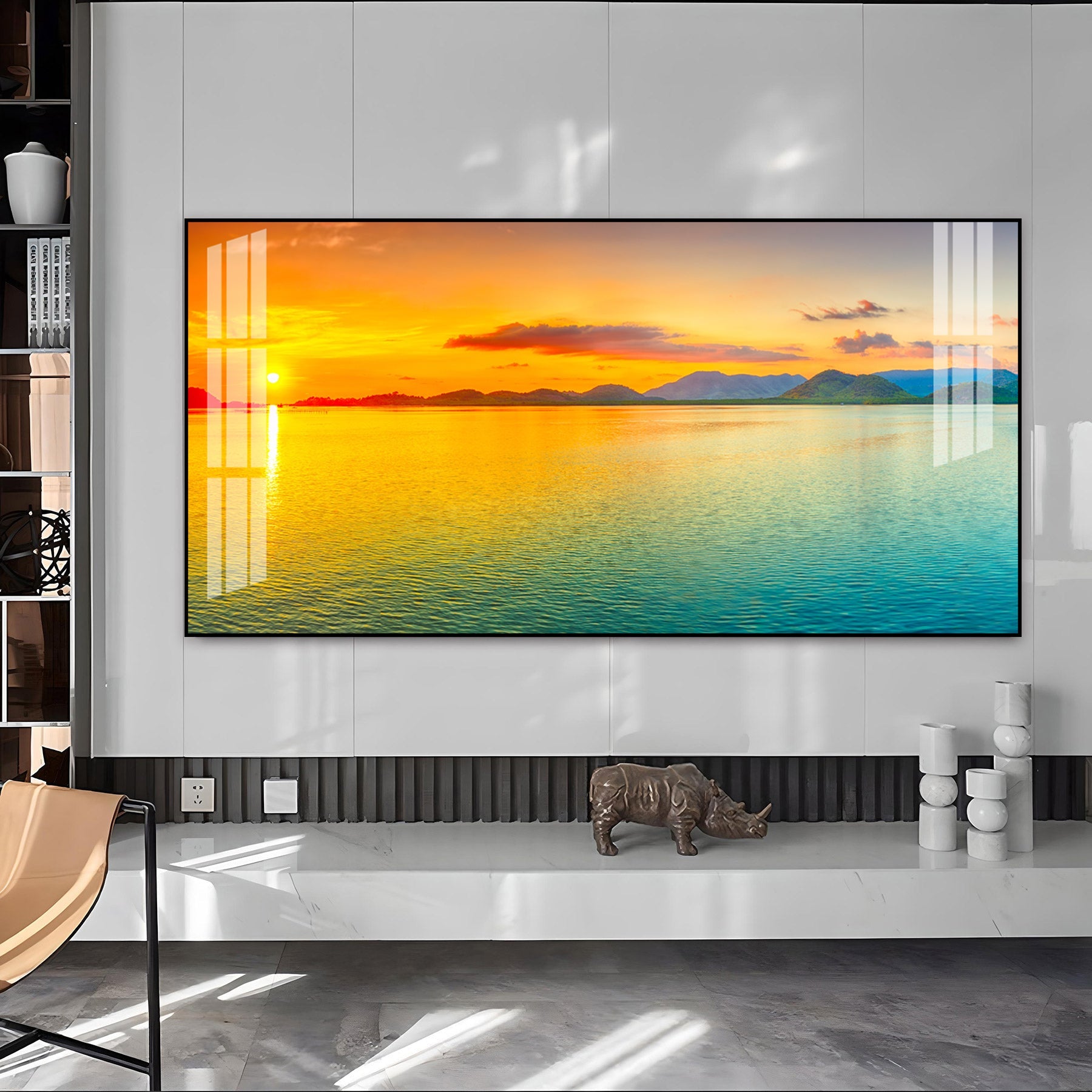 Peaceful Sunset Lake Landscape Acrylic Wall Art   With Golden Sky And Water