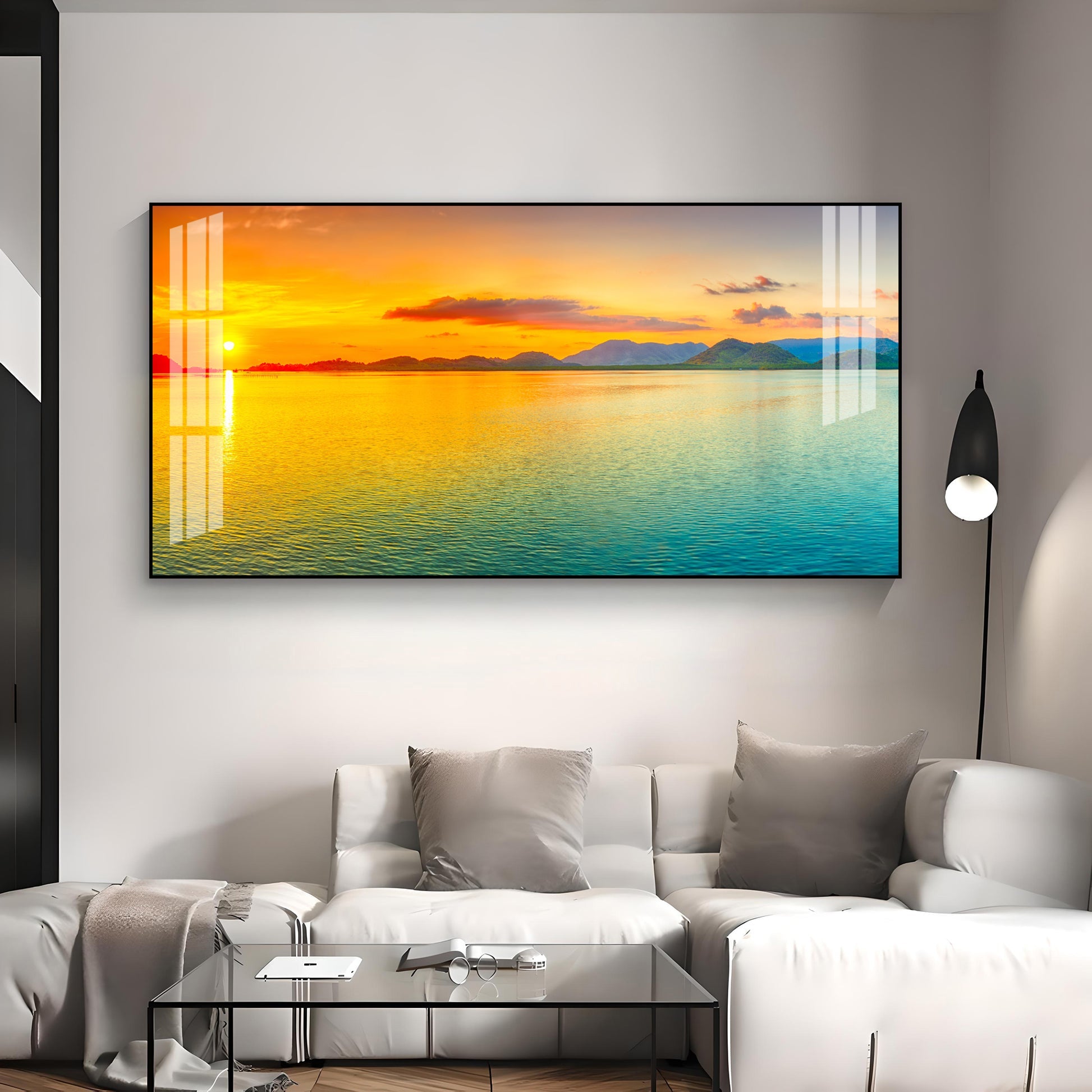 Peaceful Sunset Lake Landscape Acrylic Wall Art   With Golden Sky And Water