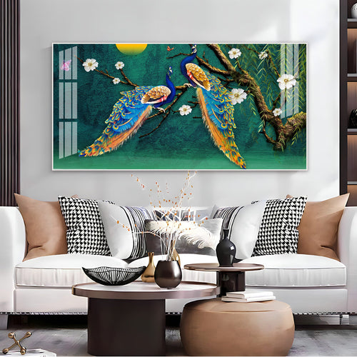 Calm Peacock Birds Scene Acrylic Wall Art  With Flowers And Artistic Style