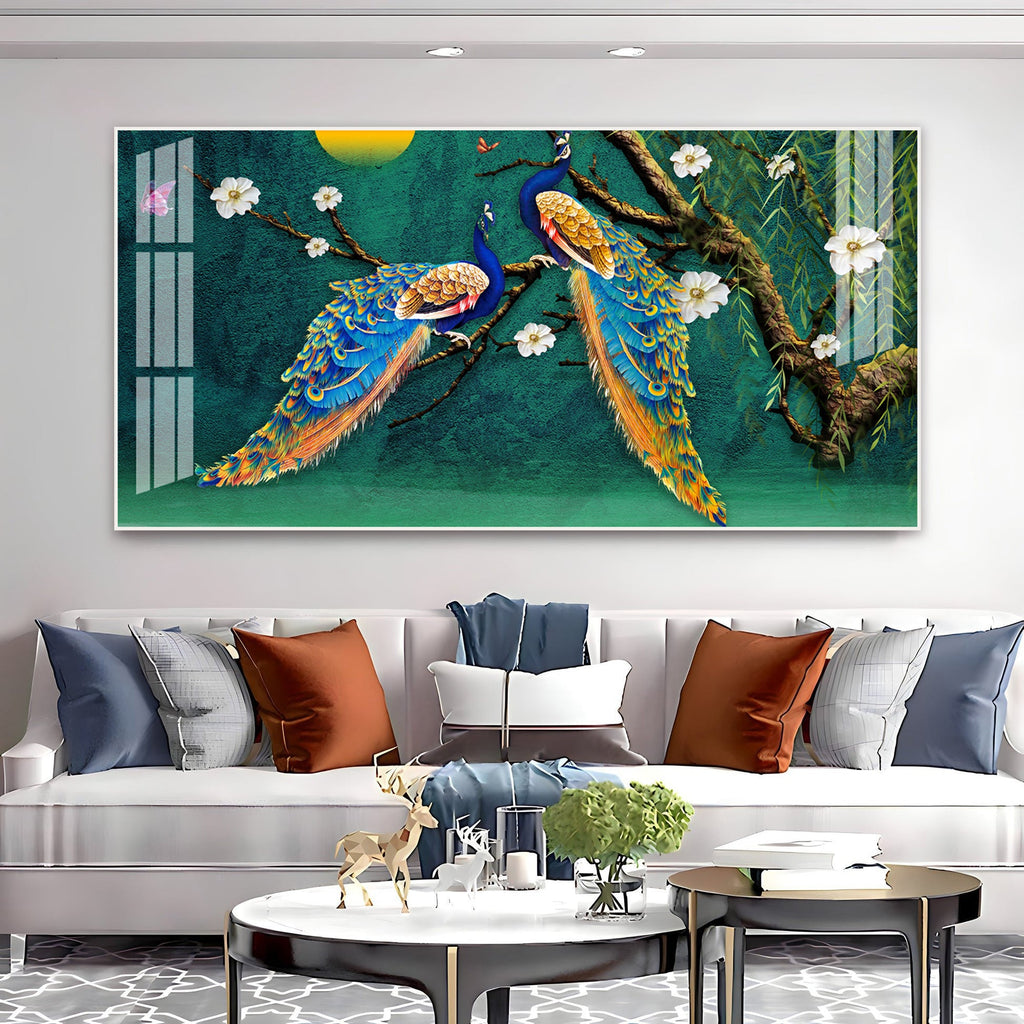 Calm Peacock Birds Scene Acrylic Wall Art   With Flowers And Artistic Style