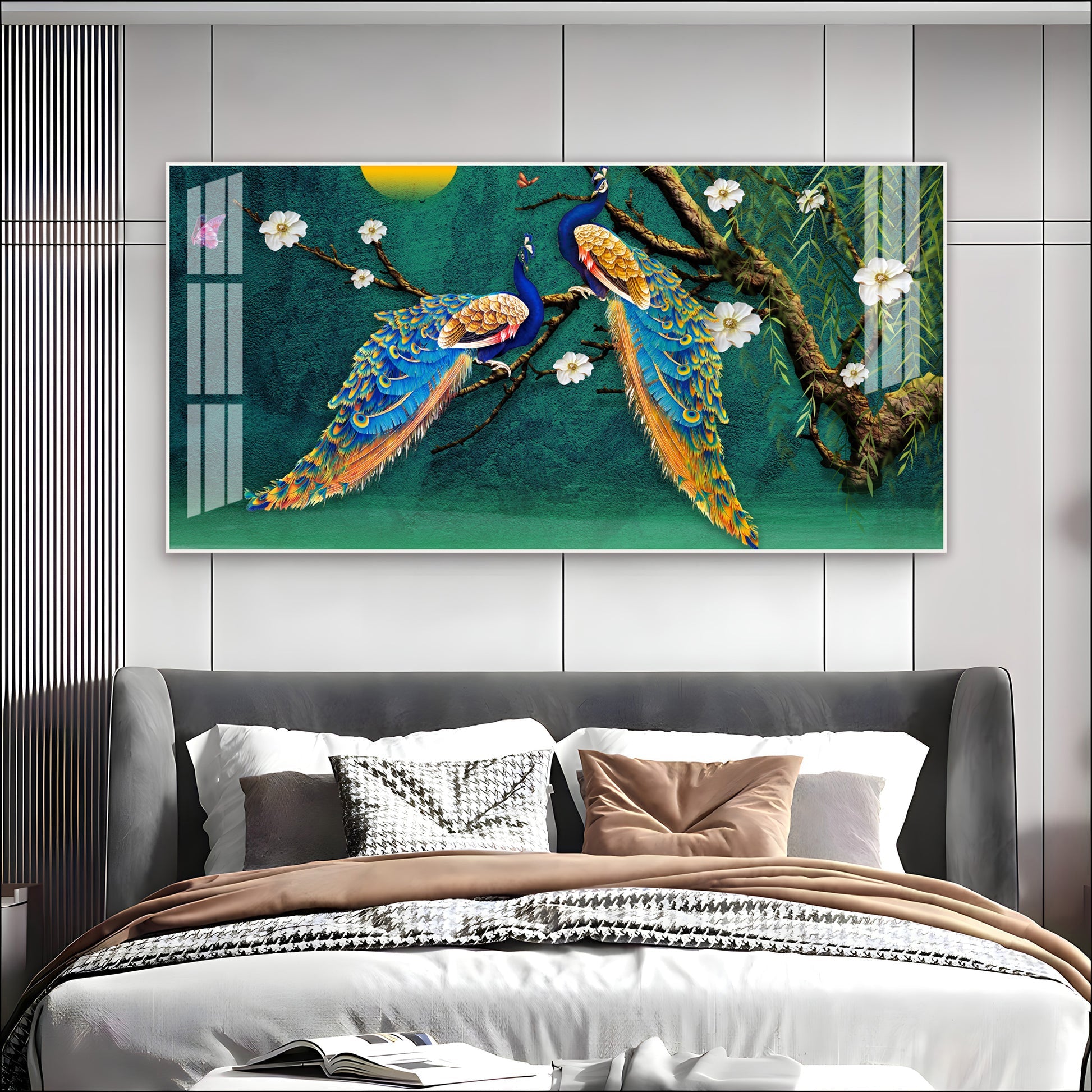 Calm Peacock Birds Scene Acrylic Wall Art Canvas With Flowers And Artistic Style