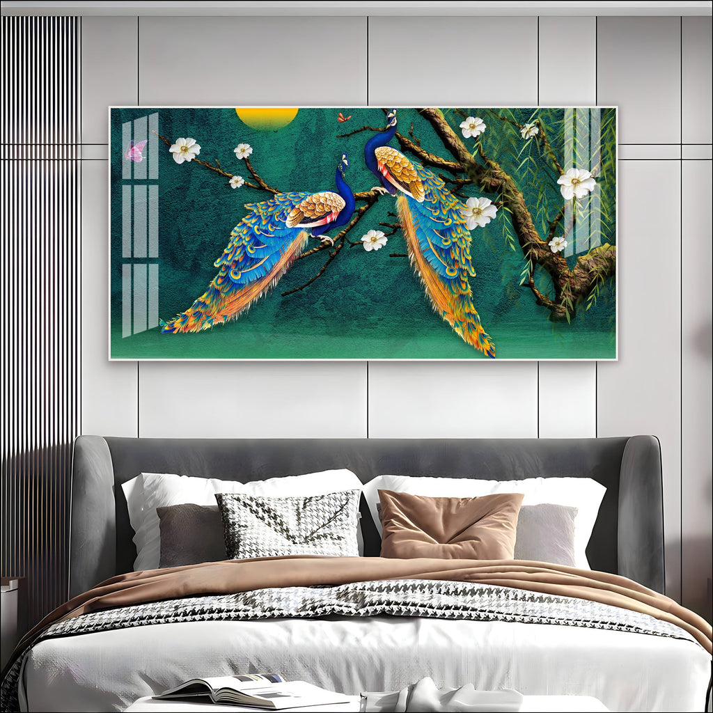 Calm Peacock Birds Scene Acrylic Wall Art   With Flowers And Artistic Style