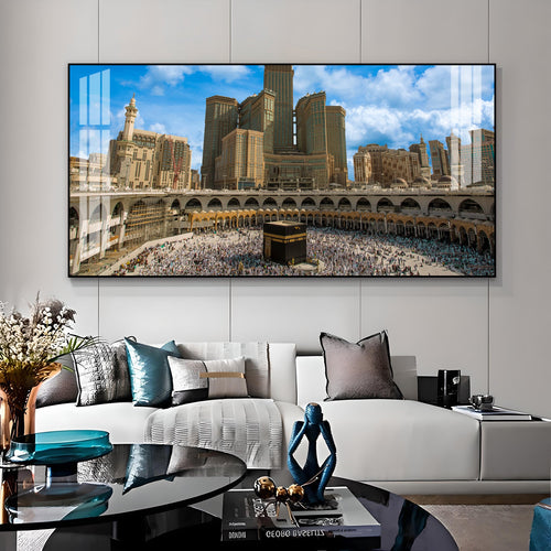 Peaceful Mecca Kaaba View Acrylic Wall Art  With City Skyline And Holy Mosque