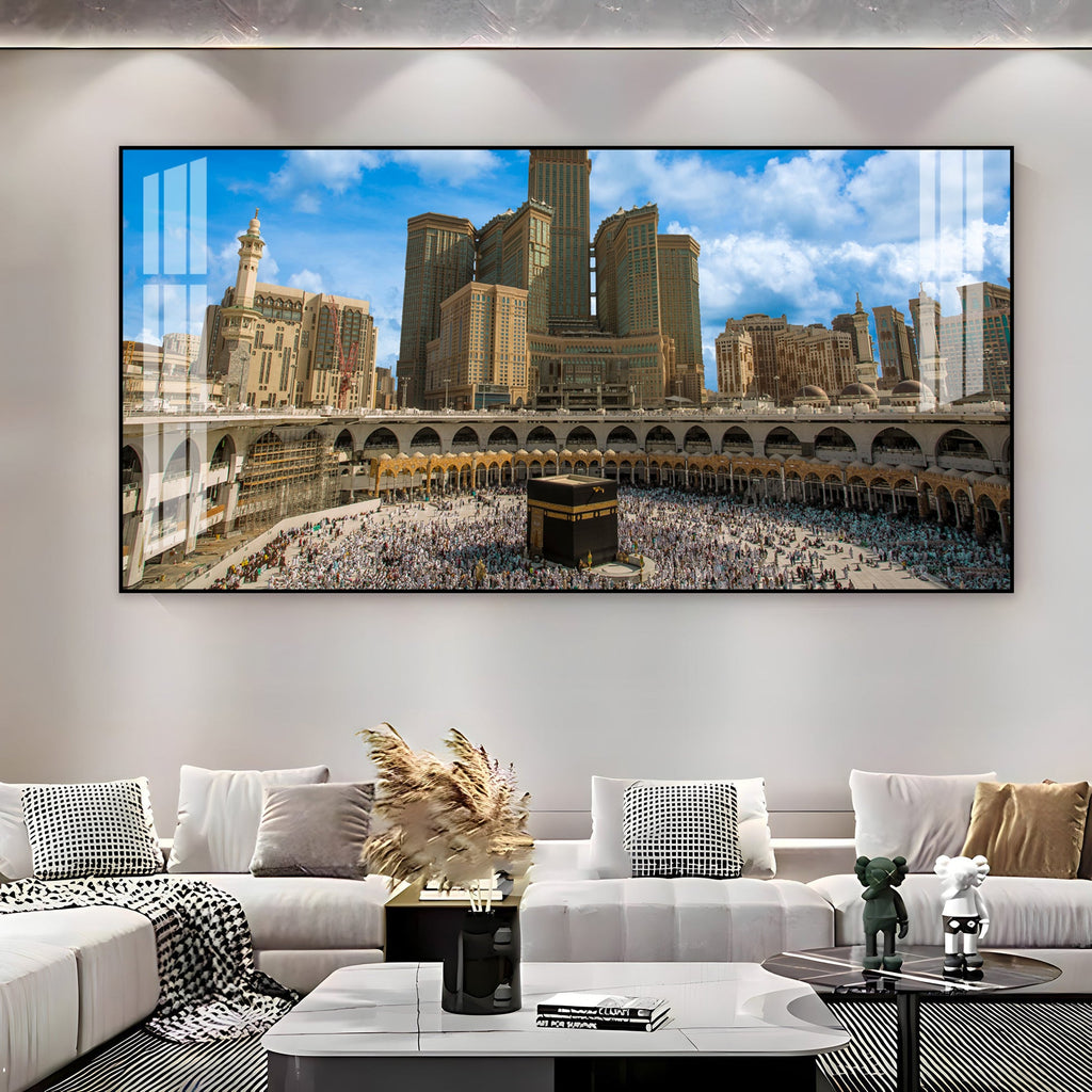 Peaceful Mecca Kaaba View Acrylic Wall Art   With City Skyline And Holy Mosque