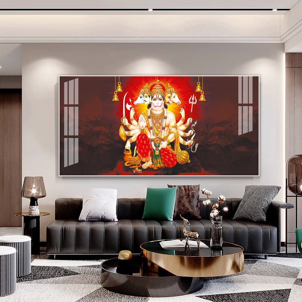 Scenic Panchmukhi Hanuman Acrylic Wall Art   With Divine Energy And Sacred Theme