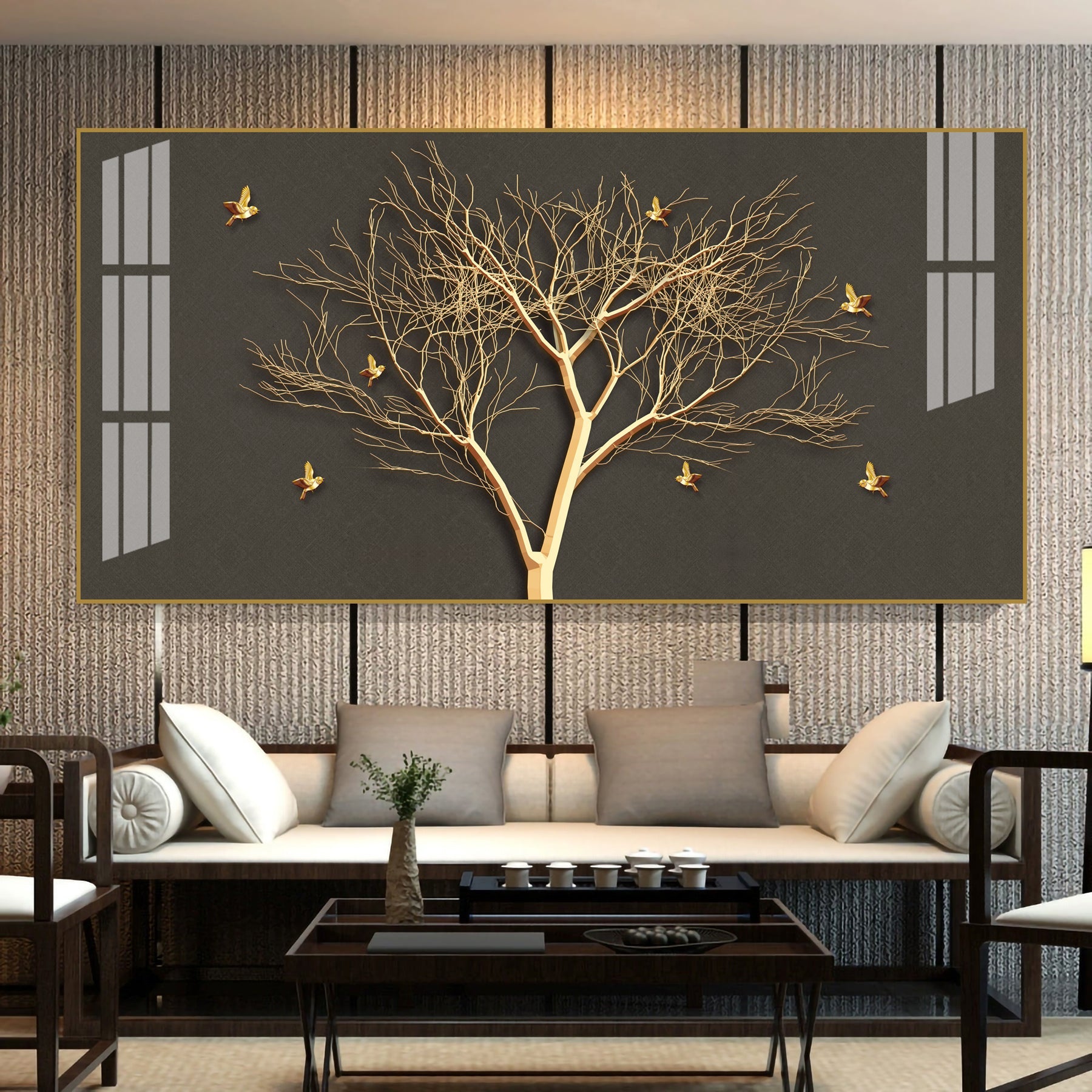 Luxury Tree Wall Design Acrylic Wall Art Canvas With Gold Finish And Modern Look