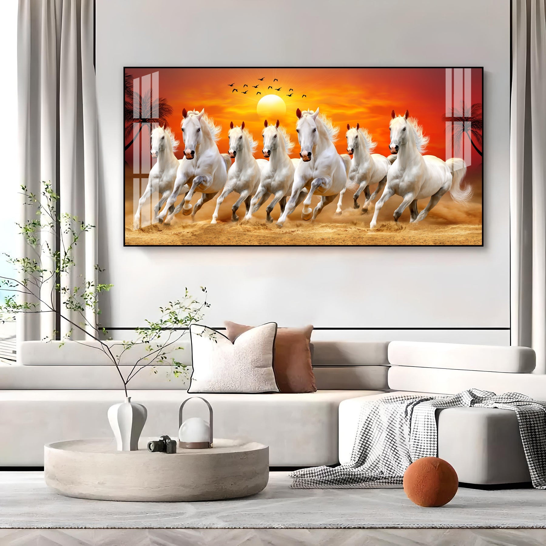 Running White Horses Acrylic Wall Art Canvas With Sunset Landscape And Nature Theme