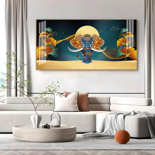 Luxury Elephant Artwork Acrylic Wall Art With Elegant Gold And Blue Theme