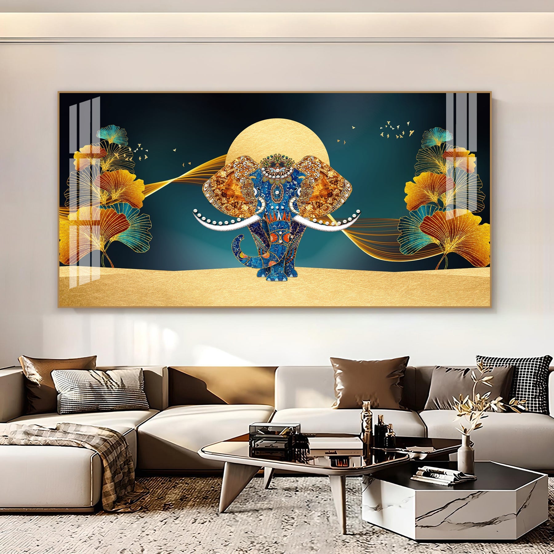 Luxury Elephant Artwork Acrylic Wall Art   With Elegant Gold And Blue Theme