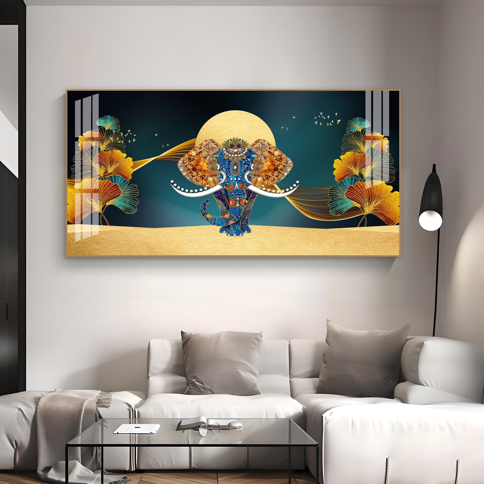 Luxury Elephant Artwork Acrylic Wall Art   With Elegant Gold And Blue Theme