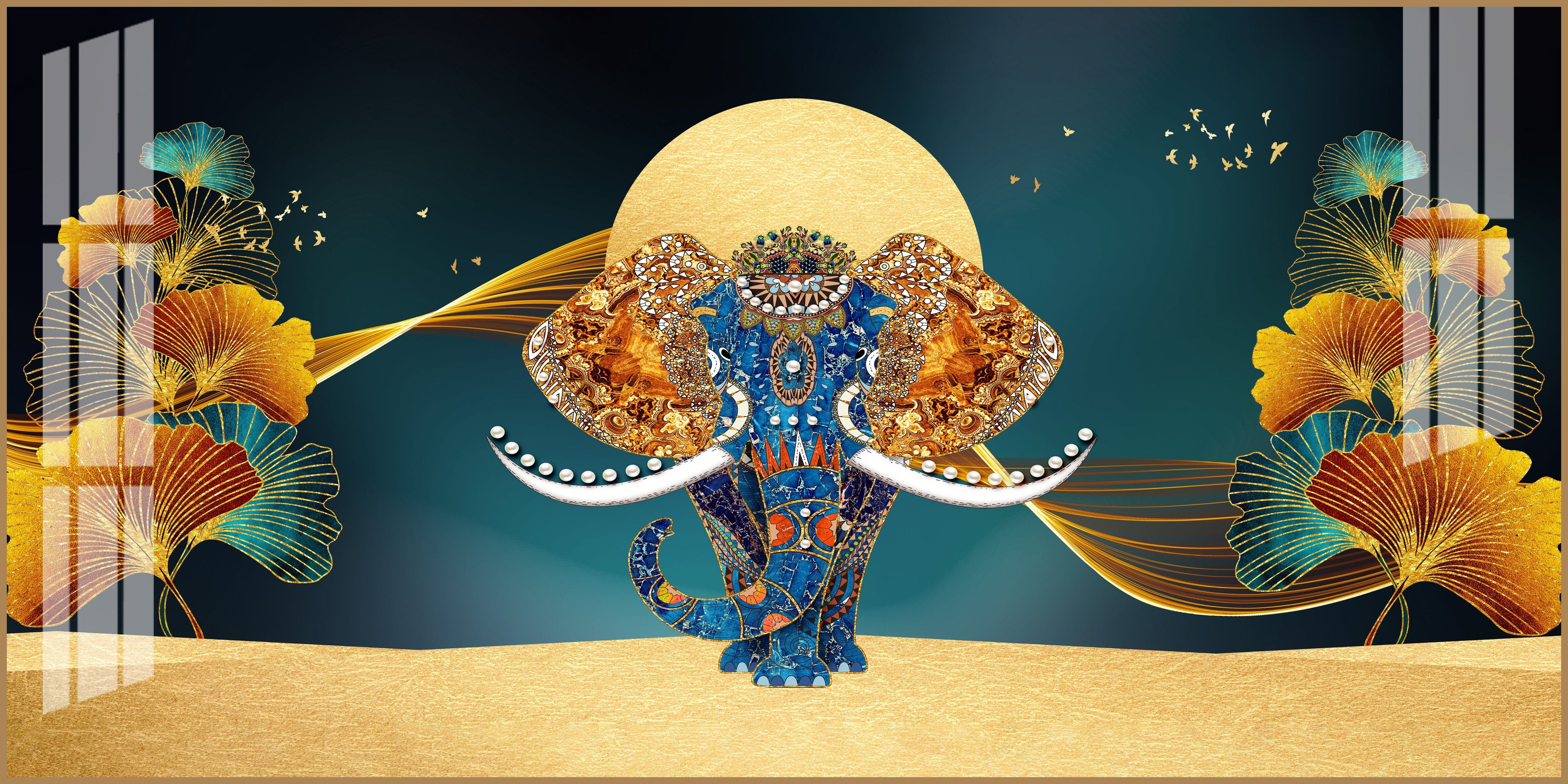 Luxury Elephant Artwork Acrylic Wall Art Canvas With Elegant Gold And Blue Theme