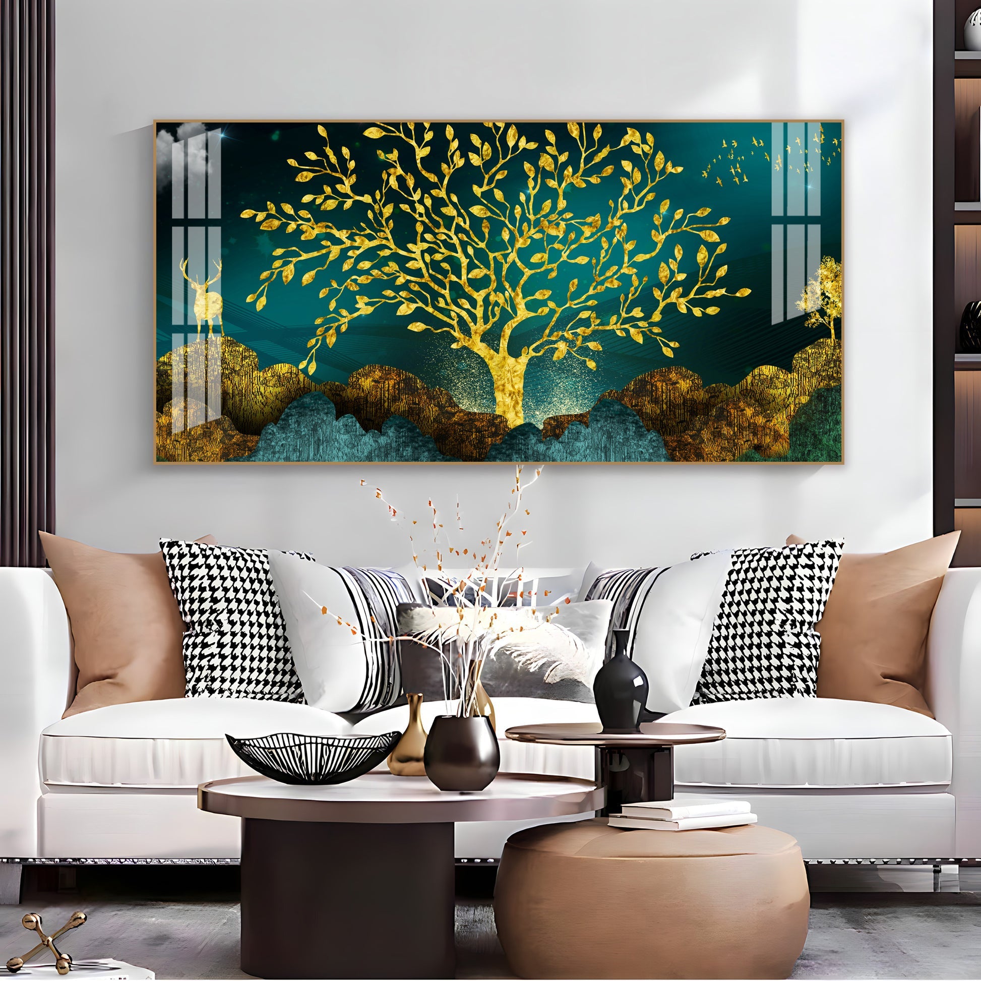 Elegant Tree Of Life Acrylic Wall Art Canvas With Gold Finish And Modern Landscape