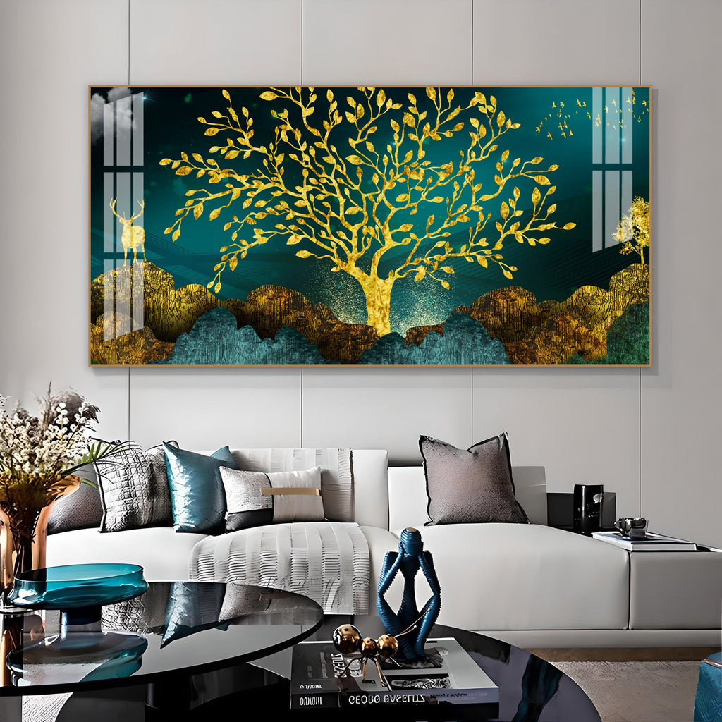 Elegant Tree Of Life Acrylic Wall Art Canvas With Gold Finish And Modern Landscape