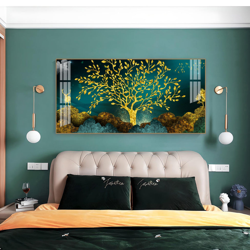 Elegant Tree Of Life Acrylic Wall Art Canvas With Gold Finish And Modern Landscape