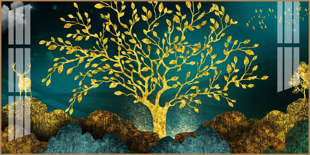 Elegant Tree Of Life Acrylic Wall Art   With Gold Finish And Modern Landscape