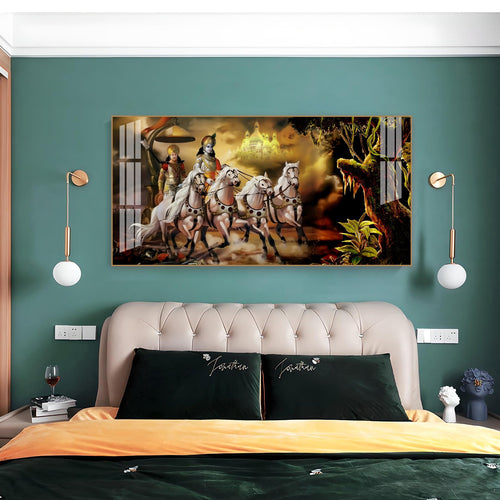 Religious Mahabharat Scene Acrylic Wall Art With Krishna Chariot Artwork
