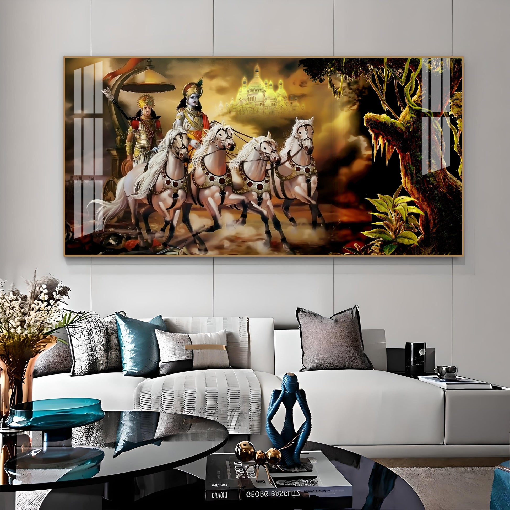 Religious Mahabharat Scene Acrylic Wall Art Canvas With Krishna Chariot Artwork