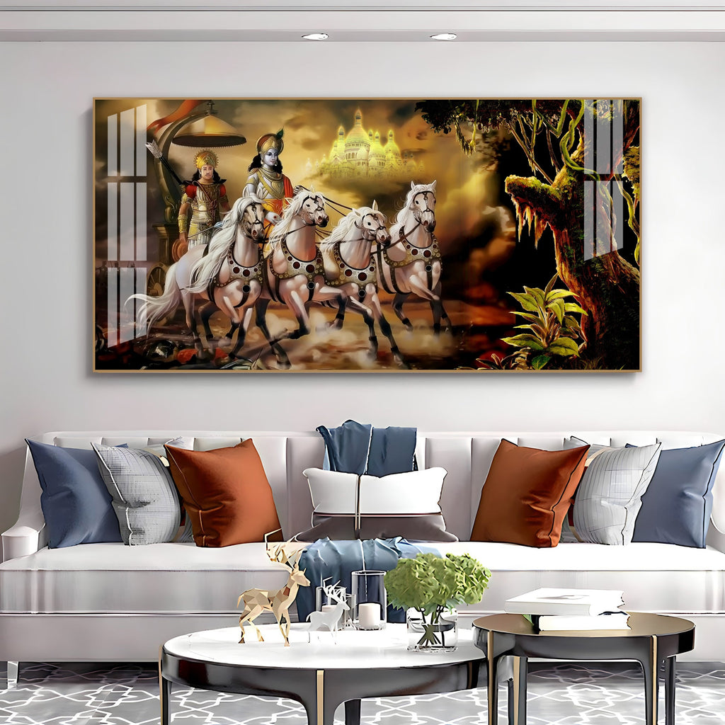 Religious Mahabharat Scene Acrylic Wall Art   With Krishna Chariot Artwork