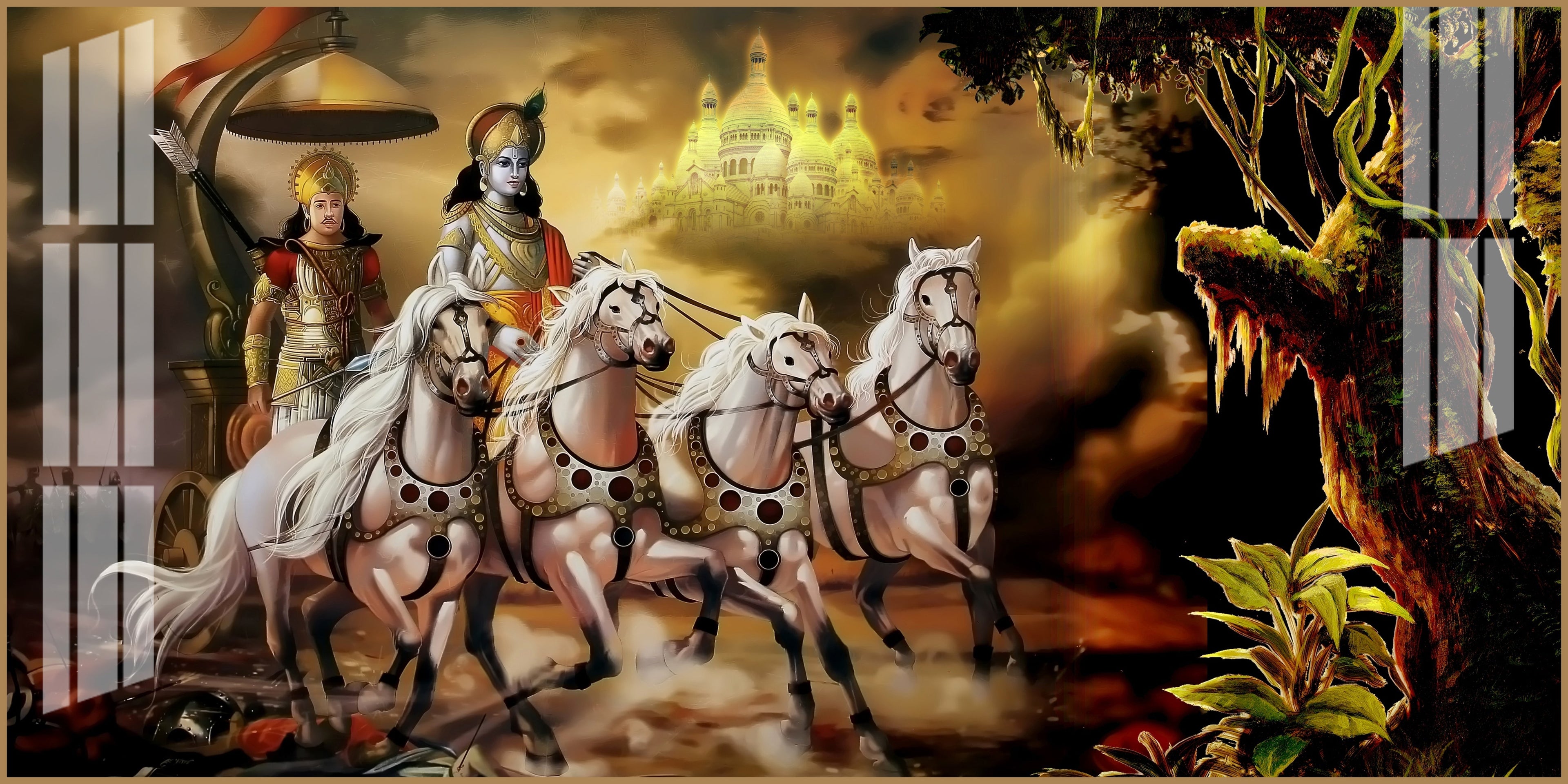 Religious Mahabharat Scene Acrylic Wall Art   With Krishna Chariot Artwork
