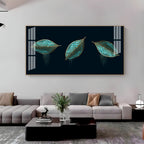 Modern Blue Leaves Acrylic Wall Art Canvas With Gold Detailing And Minimal Design