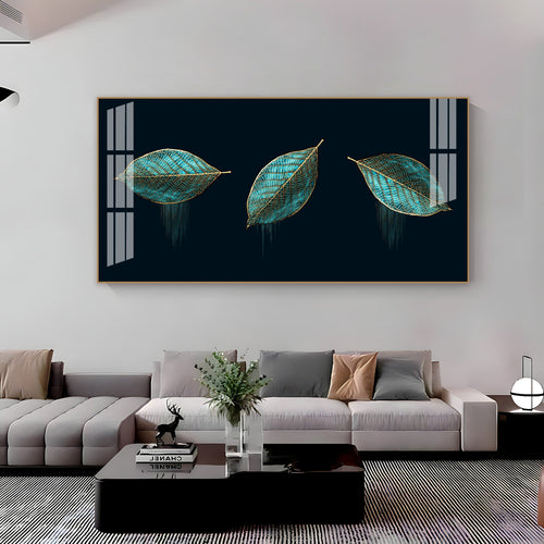 Modern Blue Leaves Acrylic Wall Art With Gold Detailing And Minimal Design