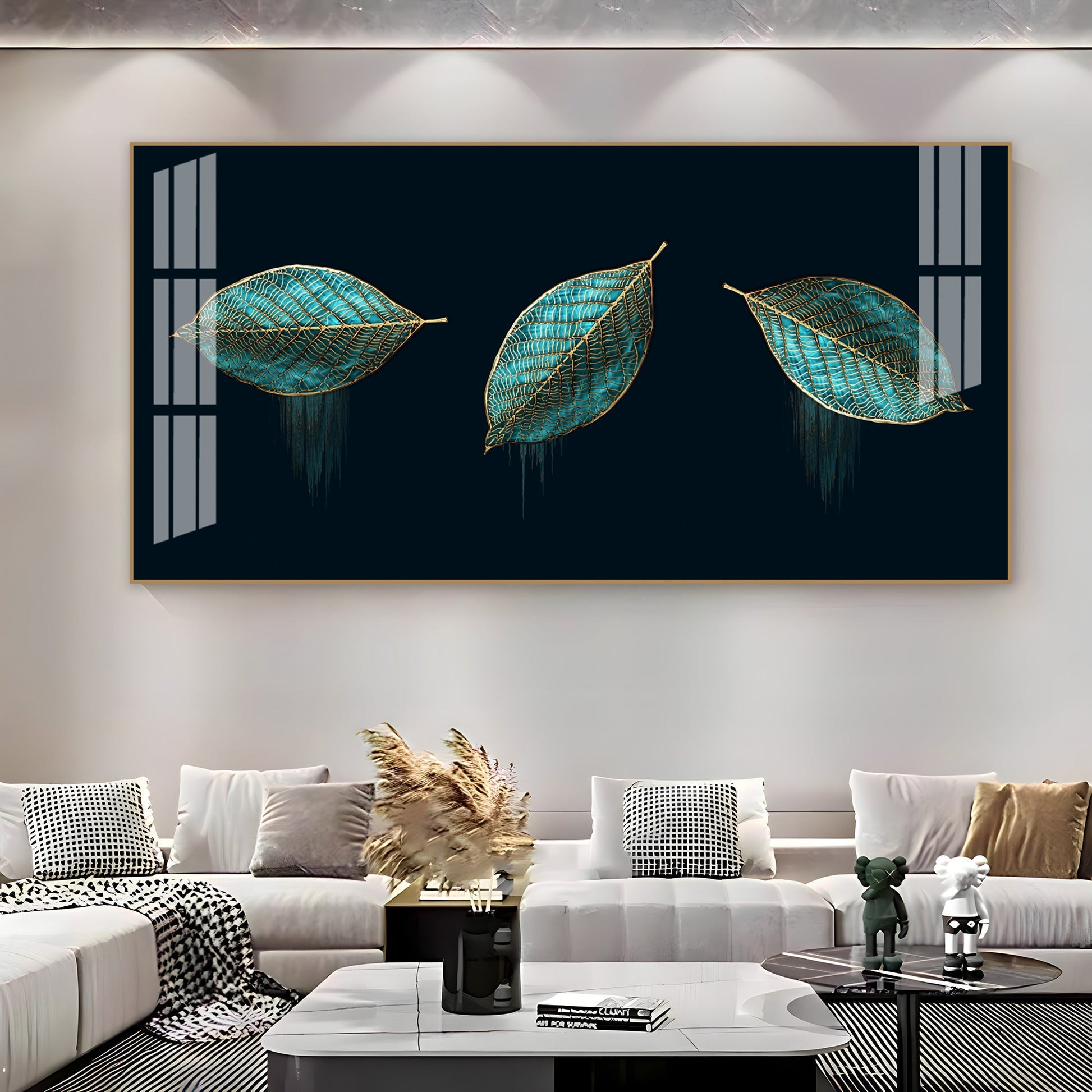 Modern Blue Leaves Acrylic Wall Art   With Gold Detailing And Minimal Design