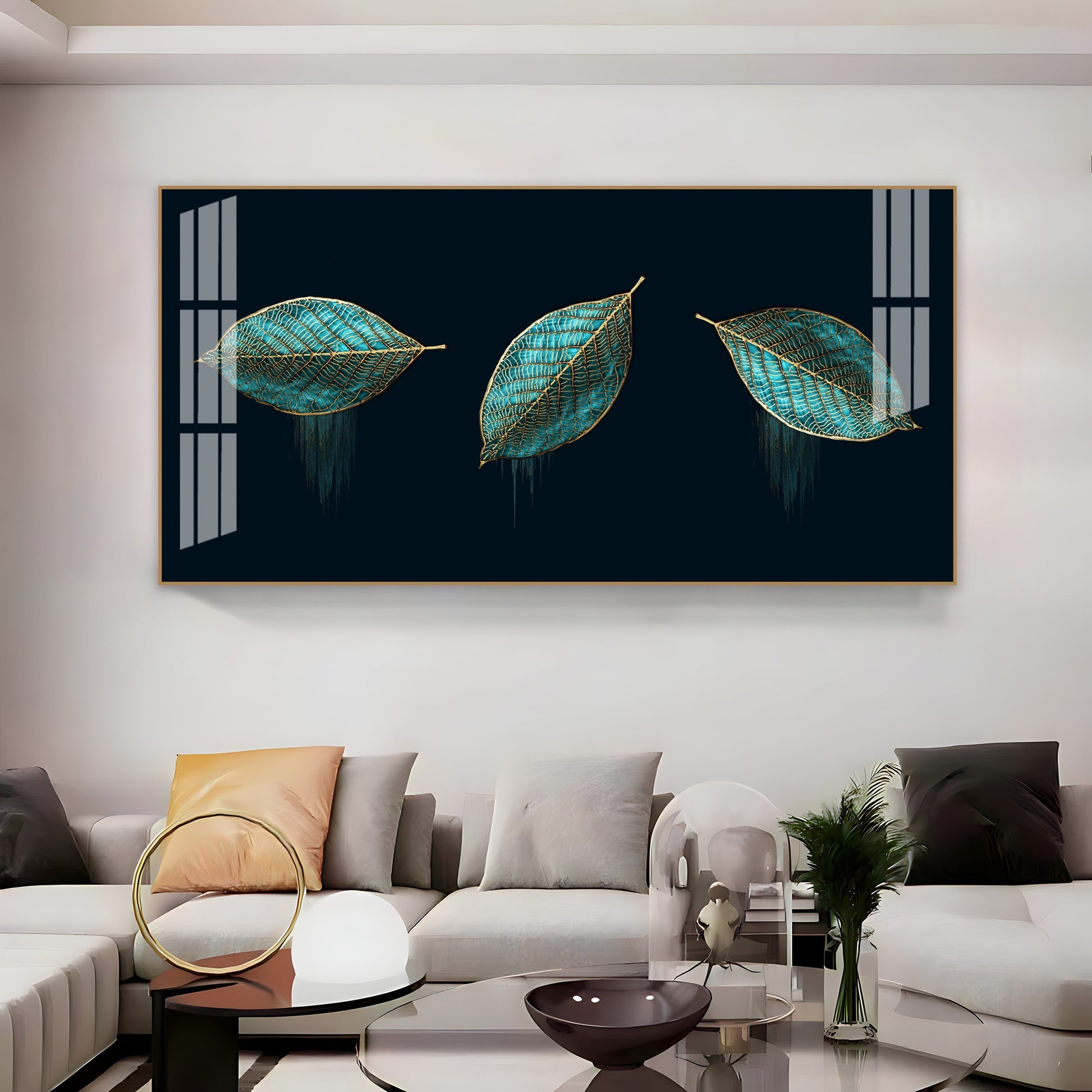 Modern Blue Leaves Acrylic Wall Art   With Gold Detailing And Minimal Design