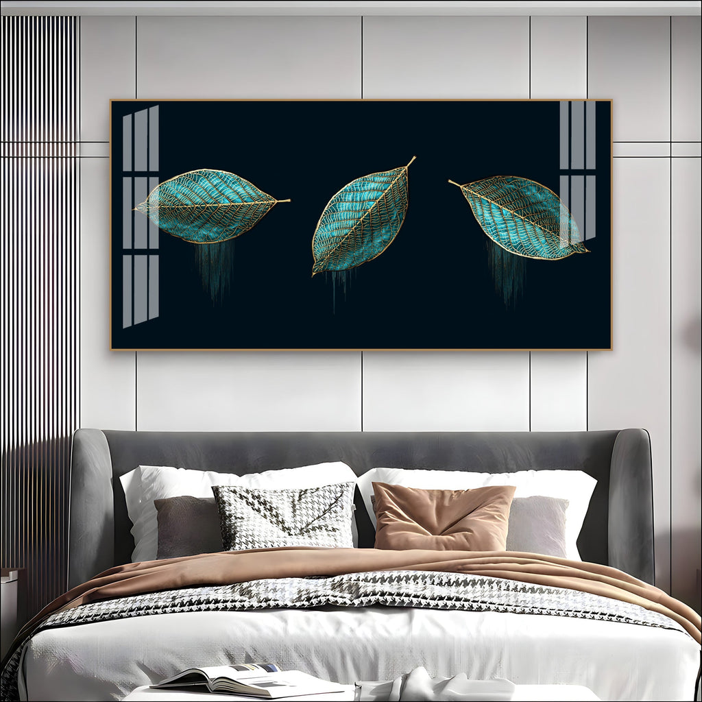 Modern Blue Leaves Acrylic Wall Art   With Gold Detailing And Minimal Design