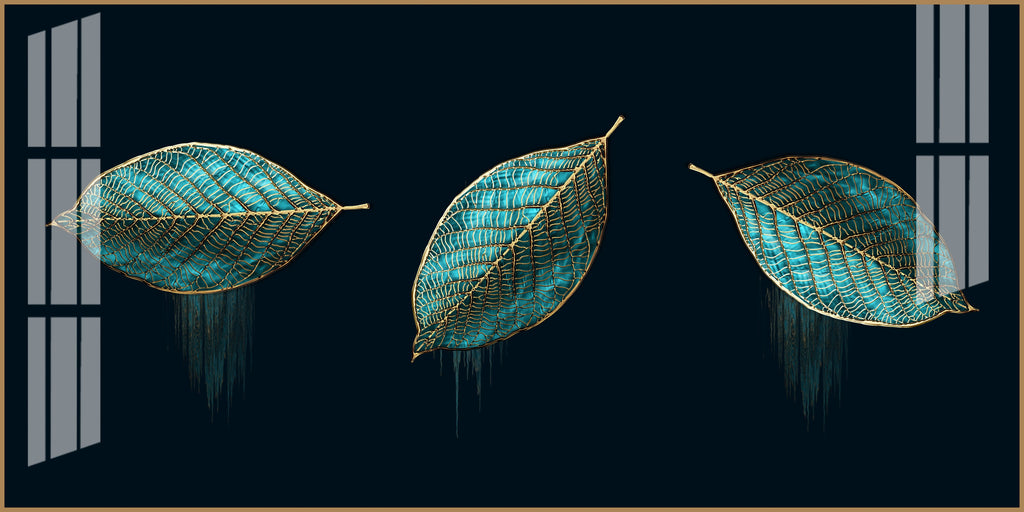 Modern Blue Leaves Acrylic Wall Art Canvas With Gold Detailing And Minimal Design