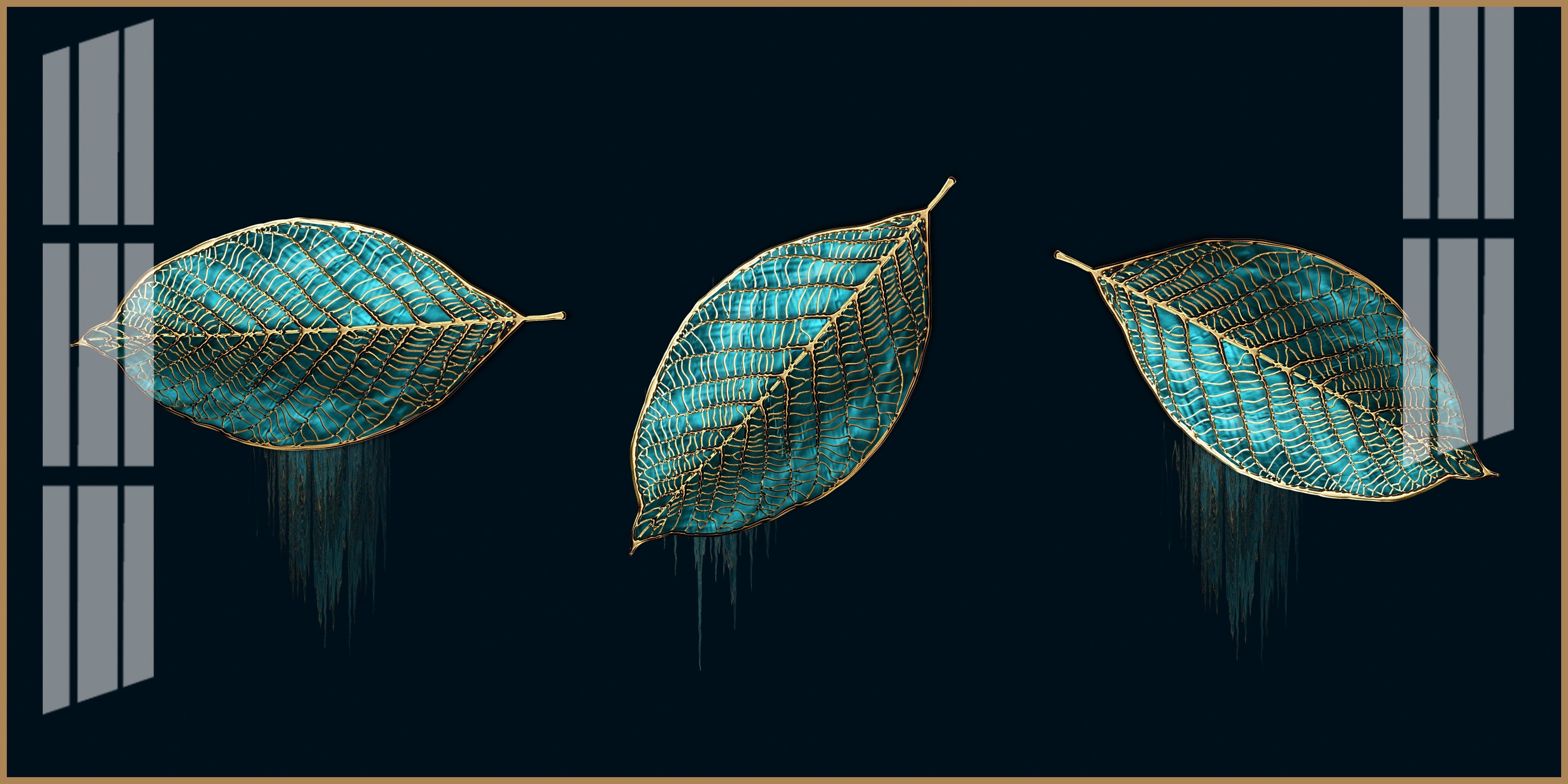 Modern Blue Leaves Acrylic Wall Art Canvas With Gold Detailing And Minimal Design