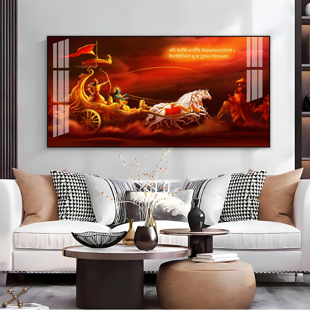 Bhagavad Gita Krishna Arjuna Acrylic Wall Art Canvas With Mythological Hindu Artwork