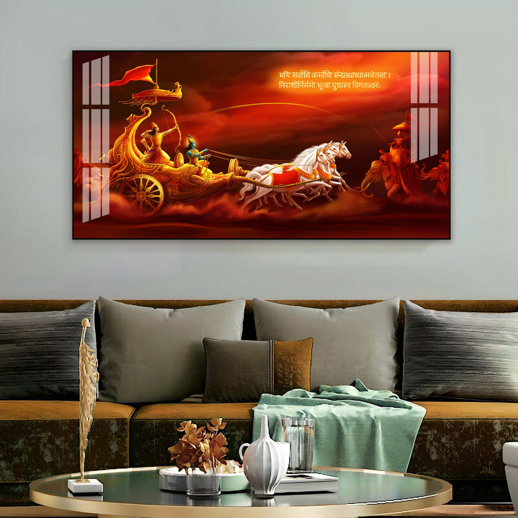Bhagavad Gita Krishna Arjuna Acrylic Wall Art Canvas With Mythological Hindu Artwork