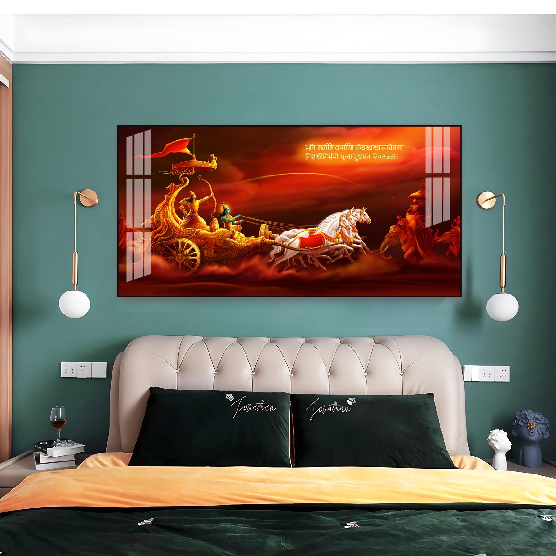 Bhagavad Gita Krishna Arjuna Acrylic Wall Art   With Mythological Hindu Artwork